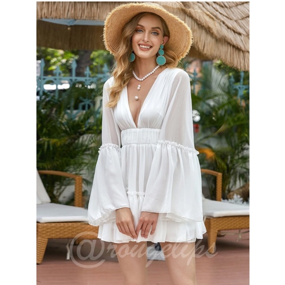 White Boho Mini Dress Flounce Sleeves Deep V Neck - Picture 4 of 6